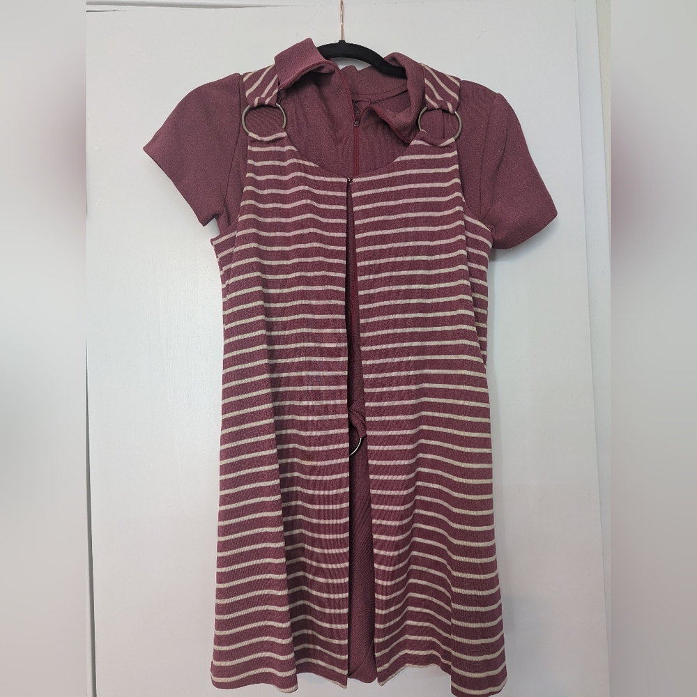 Union Made Vintage Maroon and White Jumper with Striped Vest Size 9